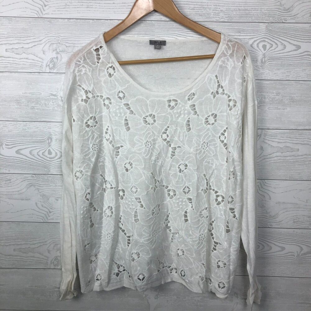 J Jill Women's Medium Linen Blend Long Sleeve Pullover Sweater Lace Front White
